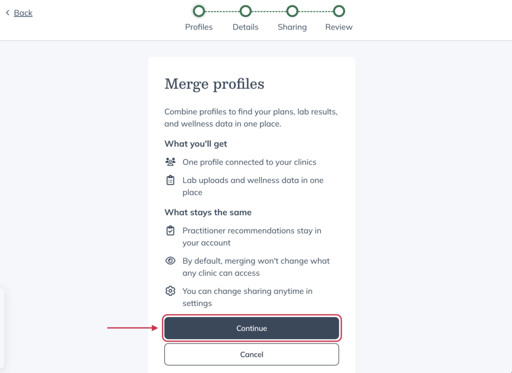 Merge profiles screen showing options to combine duplicate profiles and review details.